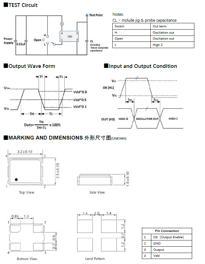 40MHz OSC3225 5V CMOS输出有源晶振规格参数